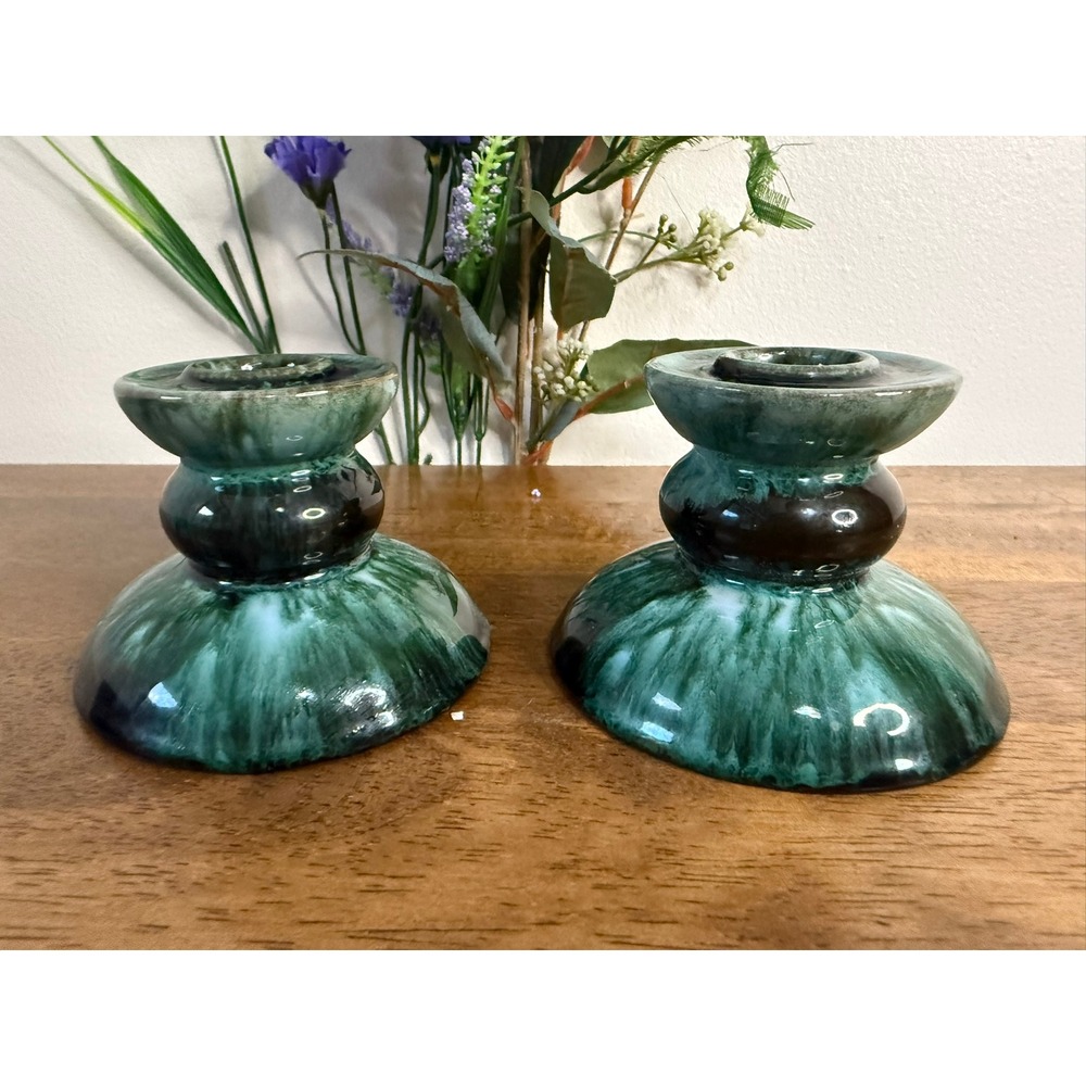 Blue Mountain Pottery Candle Holders Pair Blue Green Drip Glaze Canada Vintage